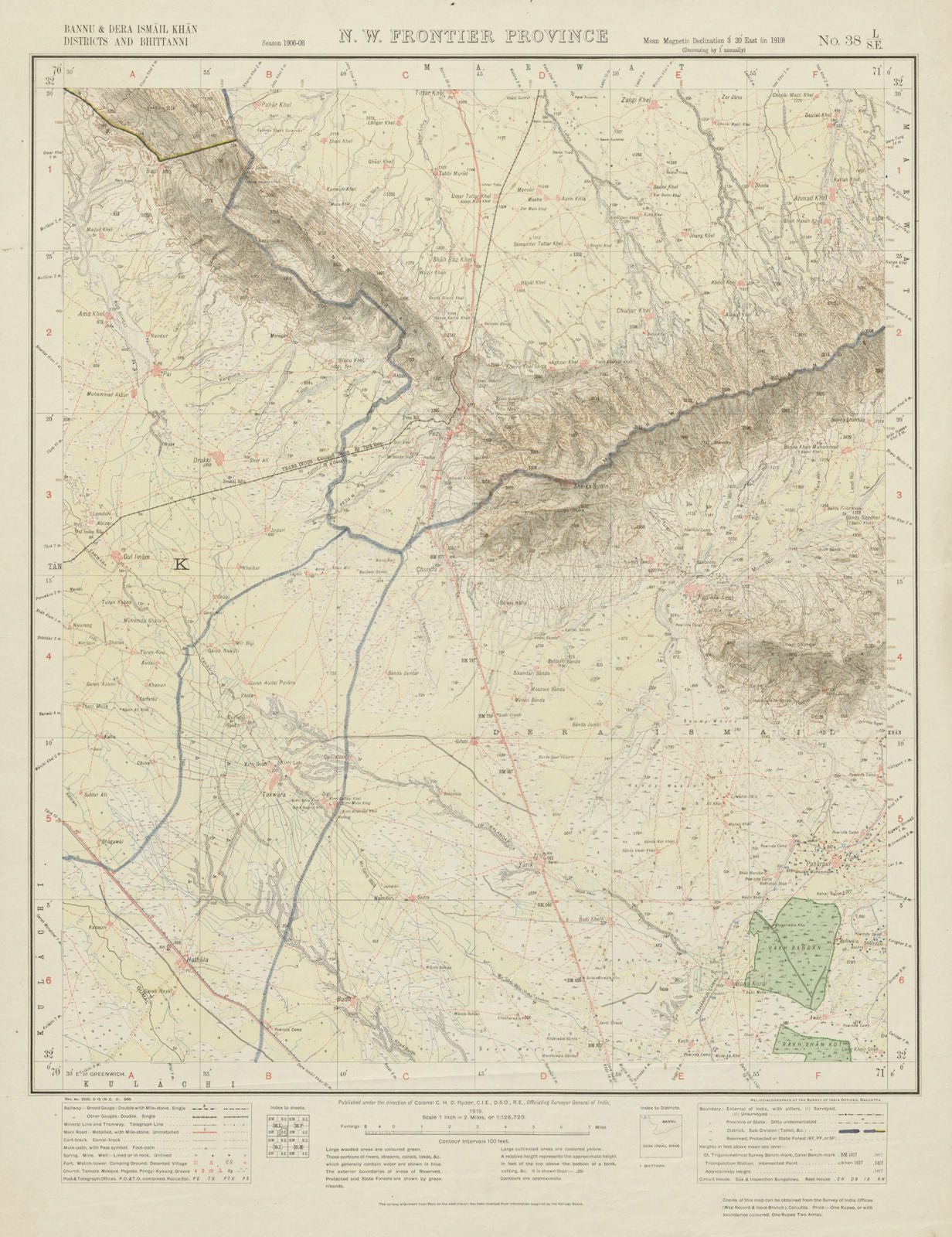 SURVEY OF INDIA 38 L/SE Pakistan Khyber Pakhtunkhwa Yarik Pezu Paniala 1919 map